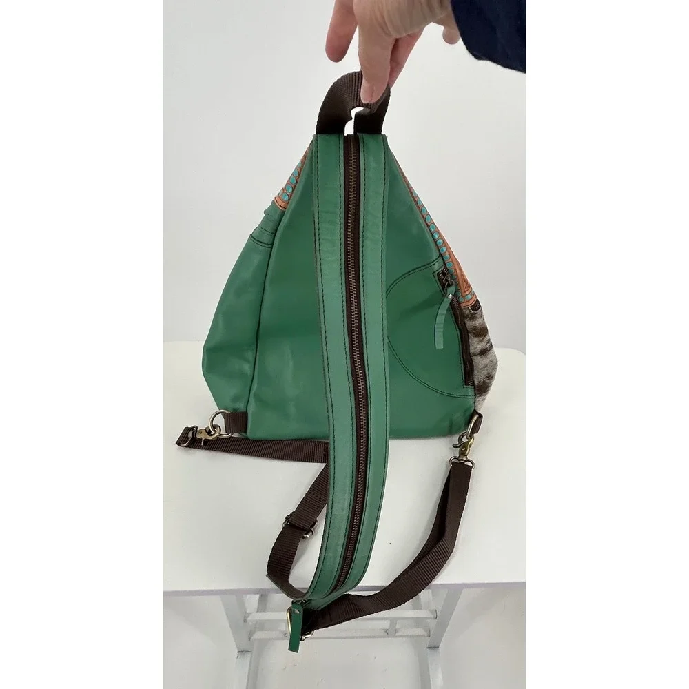 Ranch Boho Western Sling Backpack Green Leather Cowhide Turquoise Studded Boho